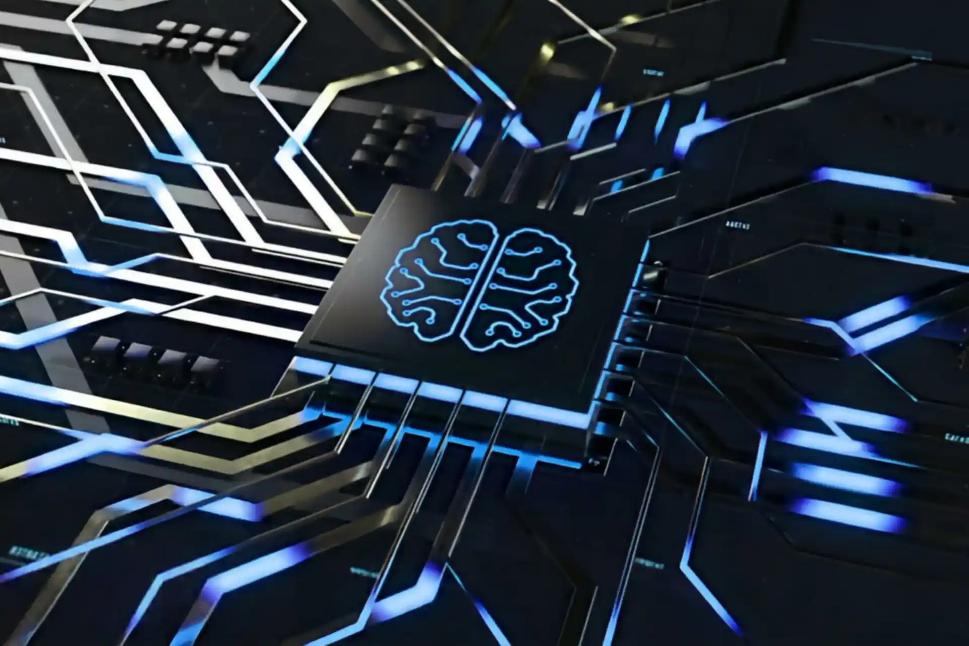 Futuristic AI microchip glowing with blue circuitry and a digital brain icon, surrounded by illuminated network pathways representing artificial intelligence infrastructure and deployment systems.