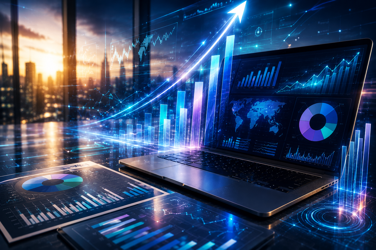 Laptop displaying advanced financial dashboards and analytics with rising growth charts, segment reporting metrics, and business performance data visualizations in a modern office setting.