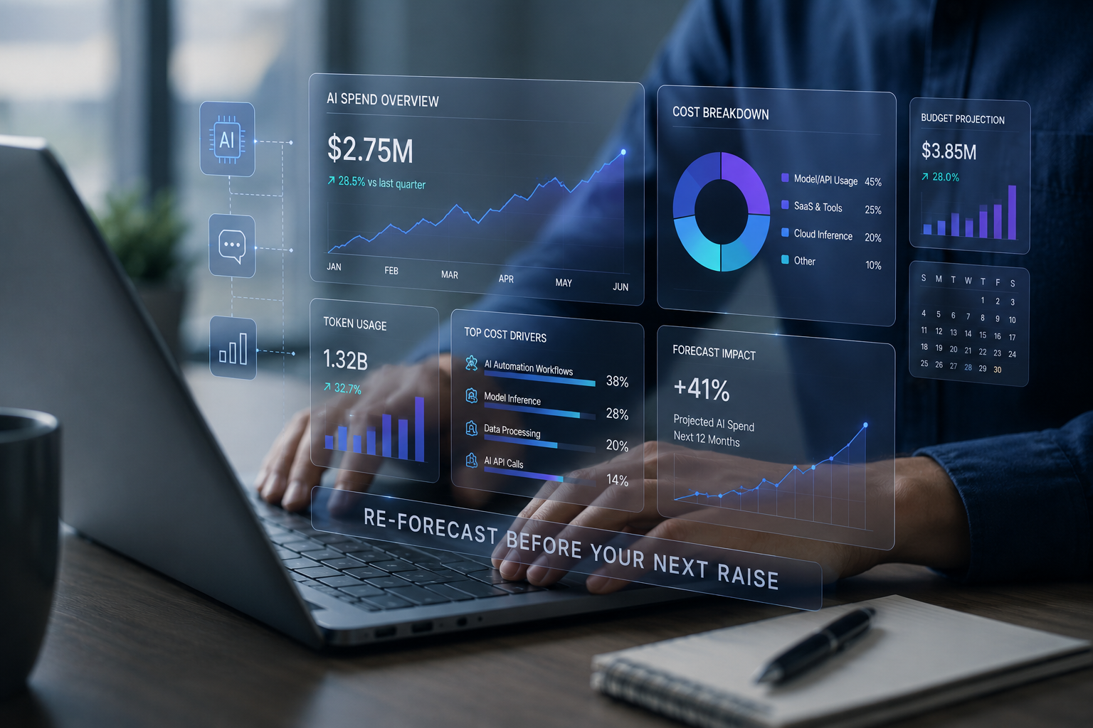 AI cost forecasting dashboard showing token usage, AI spend trends, cost drivers, and budget projections overlaid on a laptop in a modern office workspace.