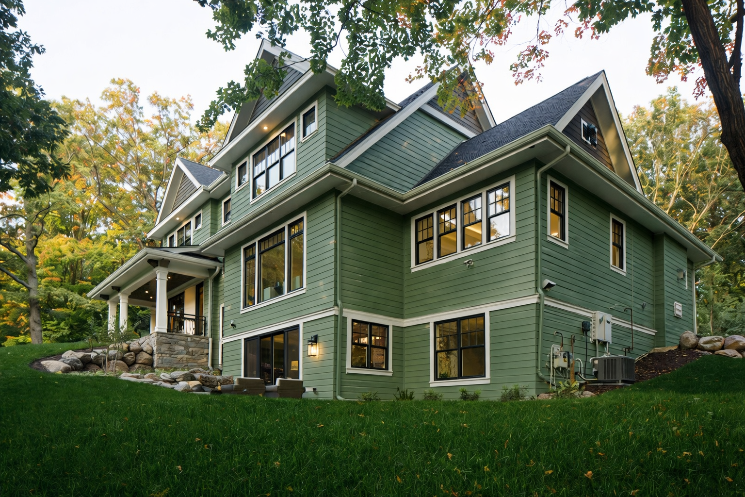 Two-story craftsman-style home with sage green siding, white trim, and stone accents surrounded by trees