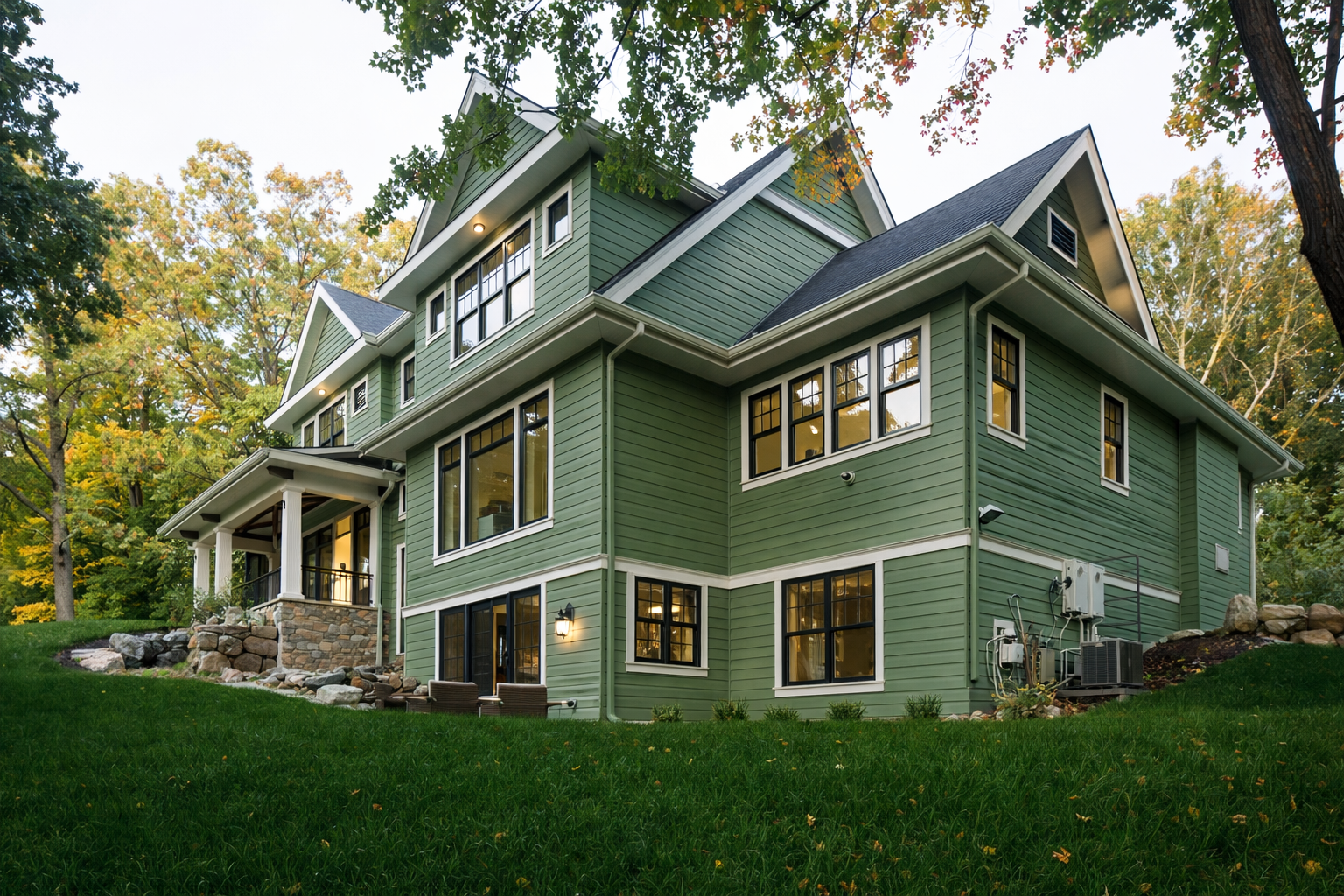 Two-story craftsman-style home with sage green siding, white trim, and stone accents surrounded by trees
