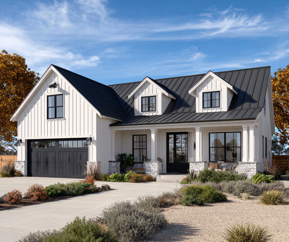 Modern farmhouse home with white board-and-batten siding and black metal roof.
