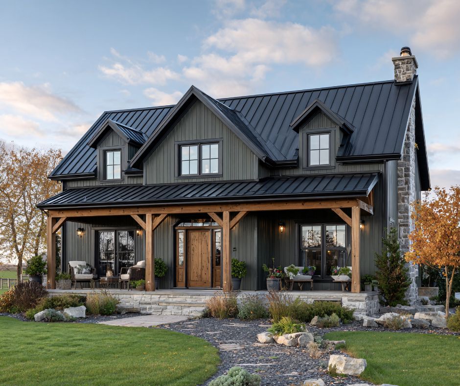 Two-story modern farmhouse exterior featuring board-and-batten siding, a standing-seam metal roof, and a wood-accented front porch.