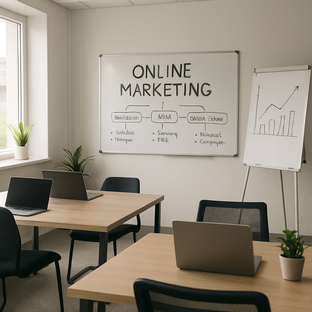 Ein modernes Büro einer Online Marketing Agentur mit Laptops und Whiteboards