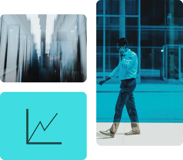 Introductory collage including a business man on the phone walking in an urban setting.