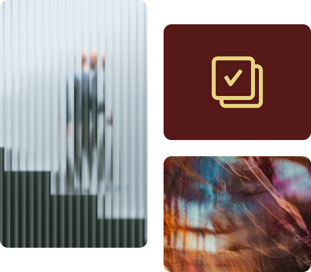 Collage of decorative imagery including a check-box icon and a beautiful, artistic motion color image.