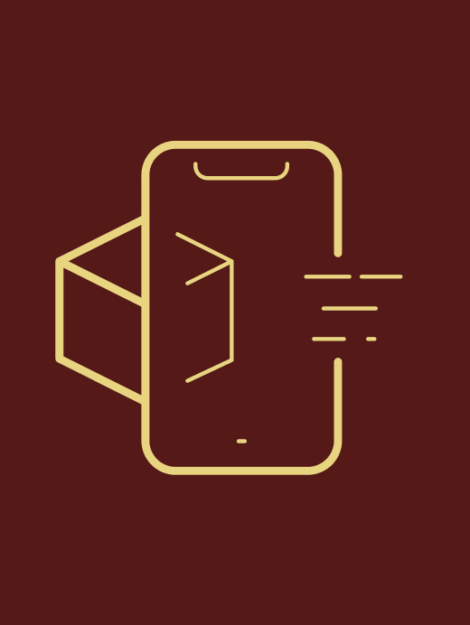 Decorative/abstract line art depicting a 3D cube moving through an Apple iPhone.