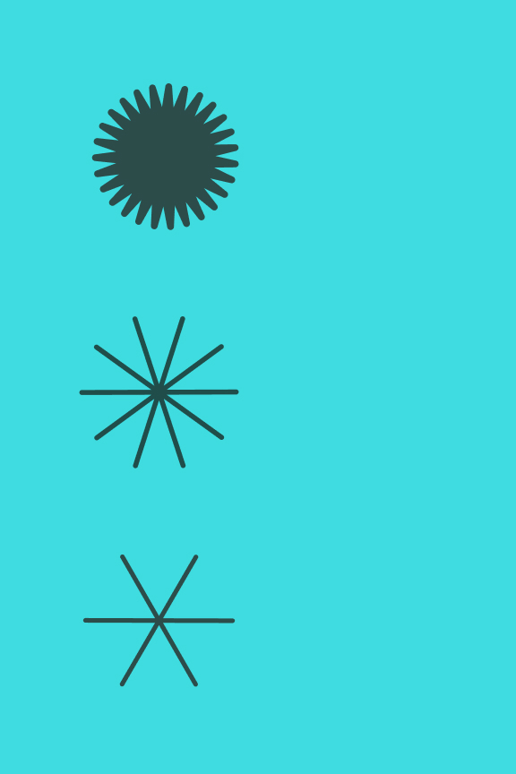 Vector art of three sunburst icons on light blue background.