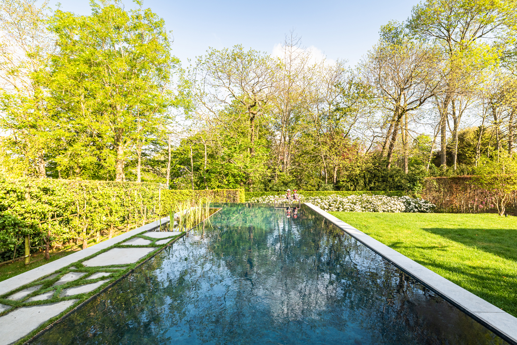 Minimalistisch zwembad weerspiegelt de strakke lijnen van de tuin
