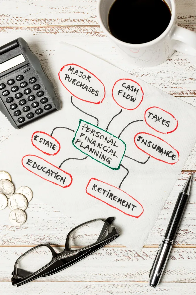 Financial planner reviewing retirement and estate planning documents with investment portfolios - comprehensive wealth planning services in Canada