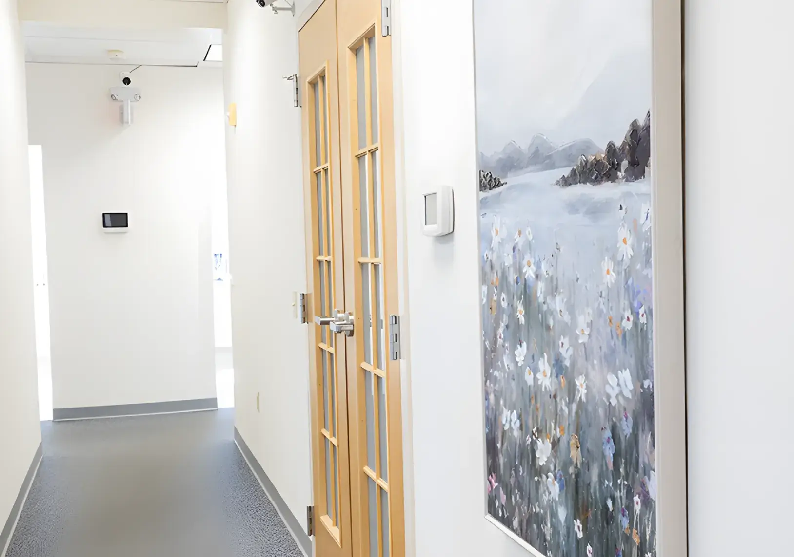 Hallway in an office with a closed wooden door and a floral painting on the wall.