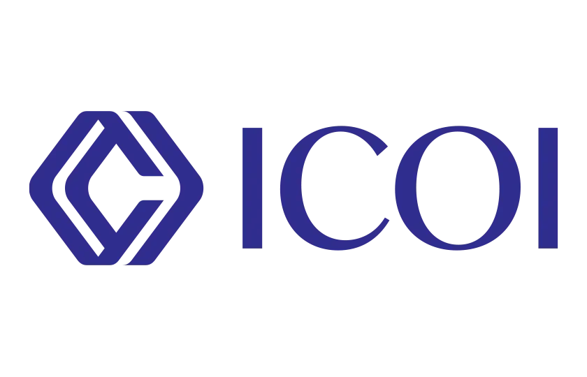 Logo with a blue geometric shape followed by the word “ICON” in blue letters.