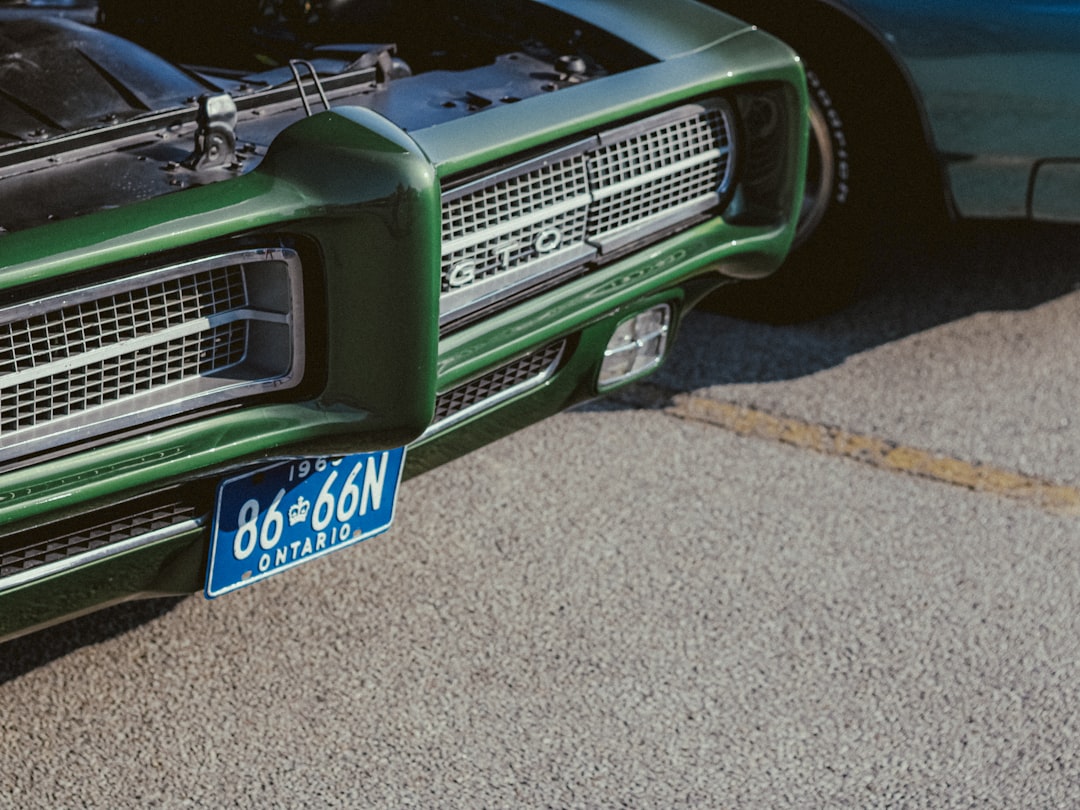 grill and license plate of beautiful vintage classic car