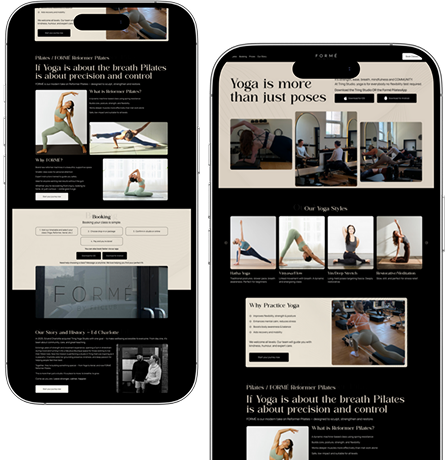 Screenshots of a yoga and Pilates website homepage displayed on a smartphone and tablet, featuring yoga poses, booking options, and different yoga styles with accompanying images.