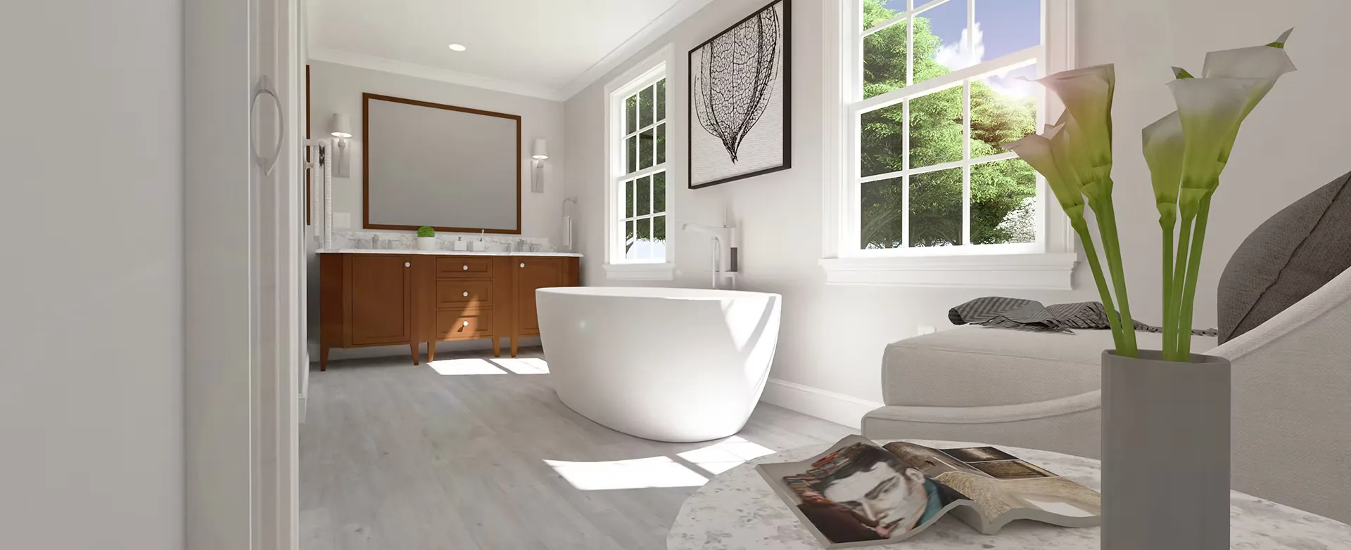 3D rendering of a modern bathroom with freestanding bathtub, wood vanity, and large windows letting in natural light.