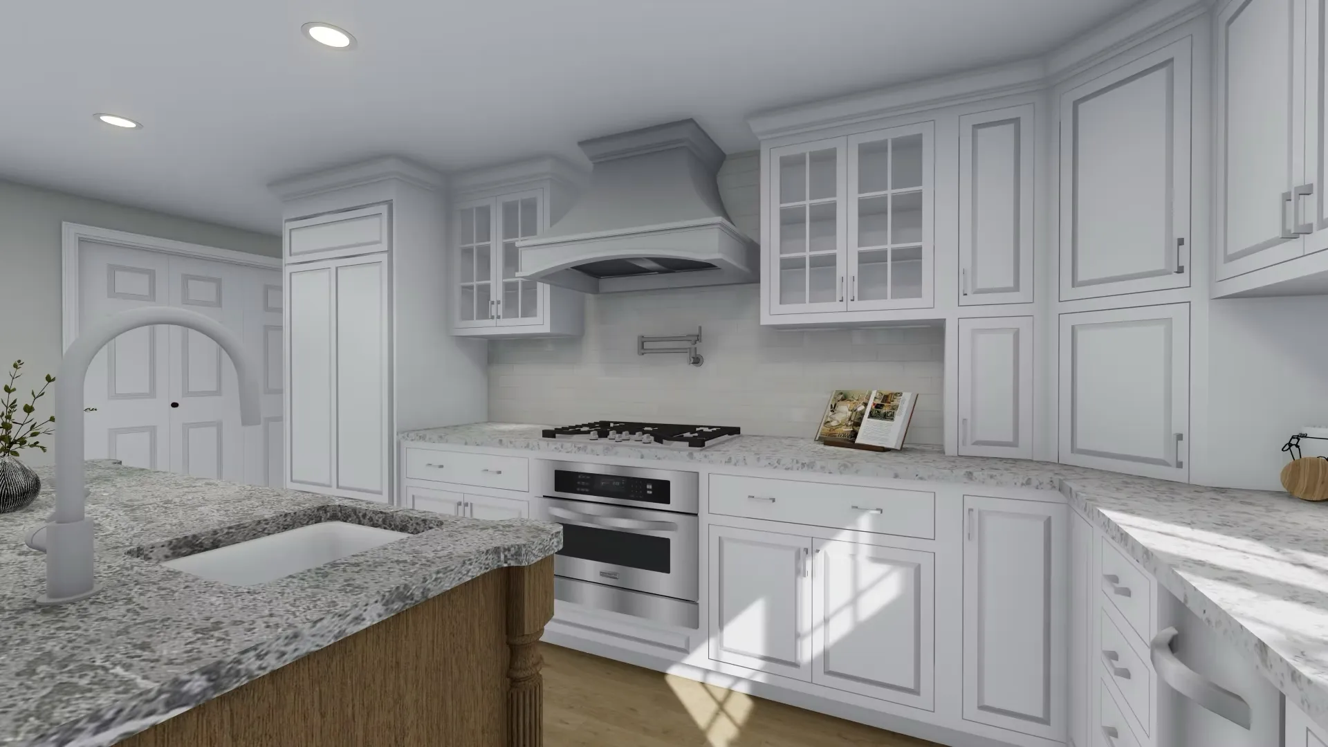 3D rendering of a kitchen design featuring white cabinetry, gray countertops, and stainless-steel appliances.