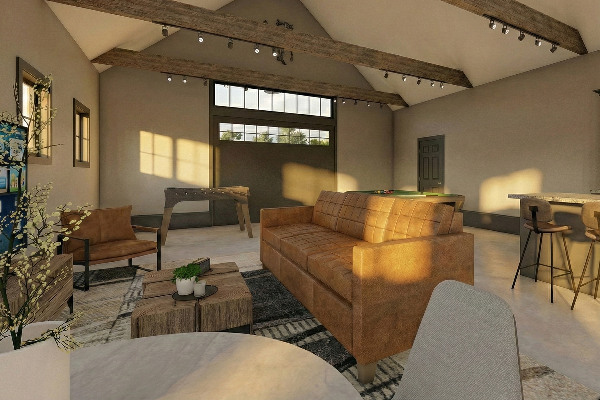 Detached garage new build in Hollis, NH — interior gathering space