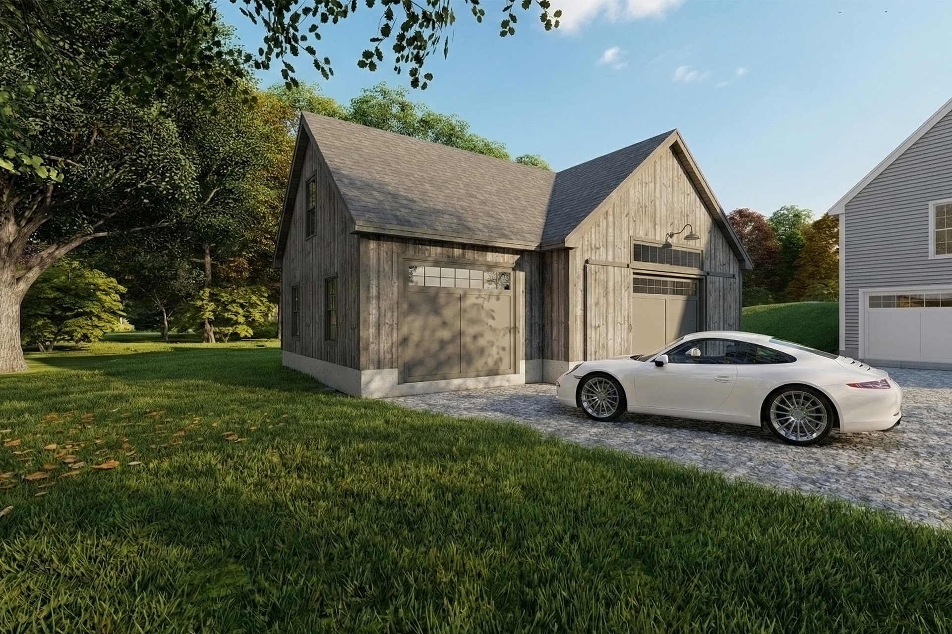 Detached garage new build in Hollis, NH — entertainment space with bar and covered porch by Oak Hill Design & Build