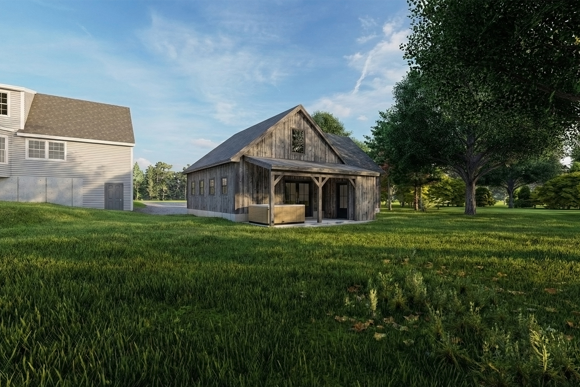 Detached garage entertainment building in Hollis, NH — gathering area and recreation zones