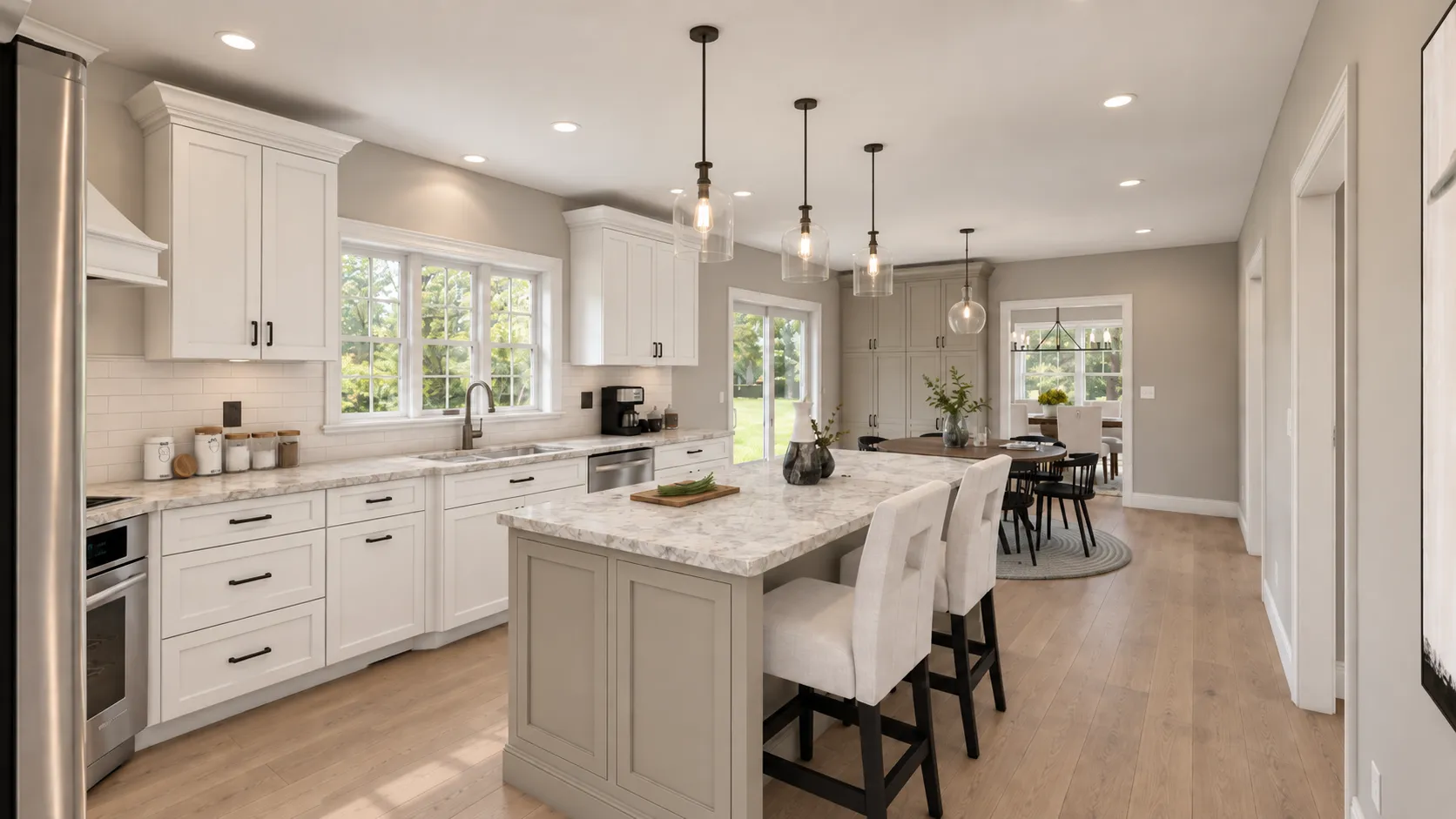 Kitchen remodel in Londonderry, NH — island seating and the new wall of pantry cabinets in a formerly unused corner
