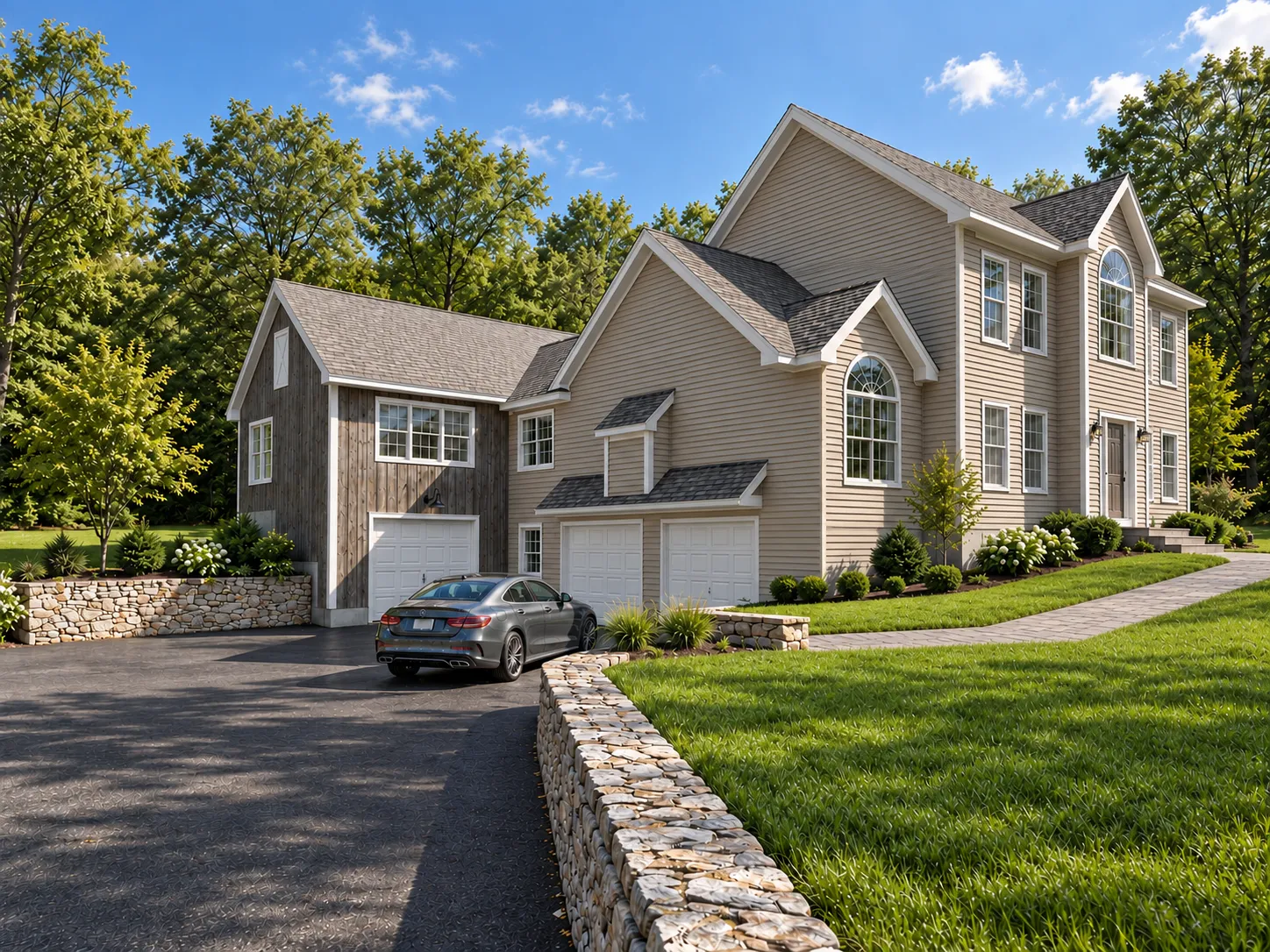 Attached in-law ADU addition in Pelham, NH — one-bedroom addition designed by Oak Hill to match the rooflines and siding of the existing colonial