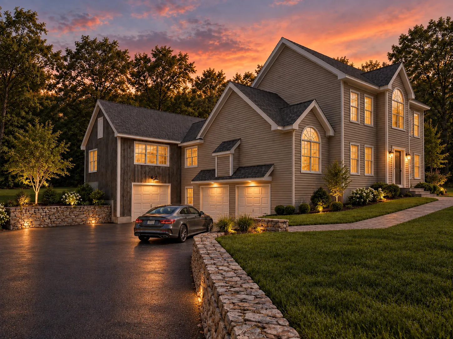 Pelham, NH home with attached ADU at dusk — the addition lit alongside the main house