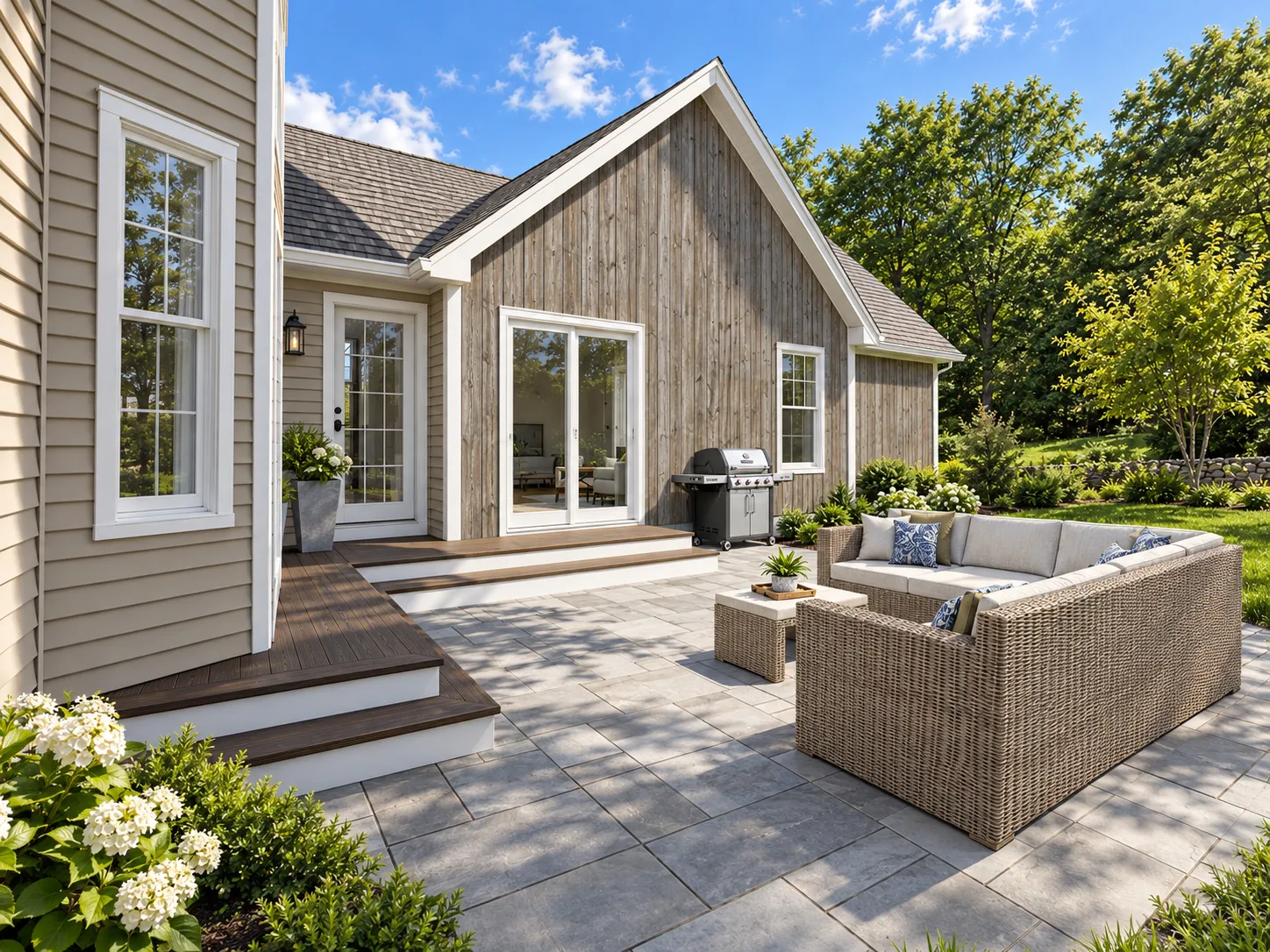 Breezeway and patio between the main house and the attached ADU in Pelham, NH — shared outdoor space with separate entries