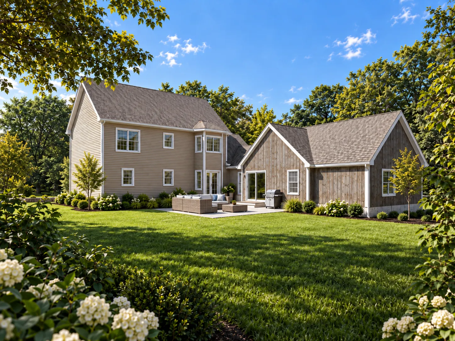 Rear view of the Pelham, NH home with its attached ADU — the addition scaled to sit below the main roofline