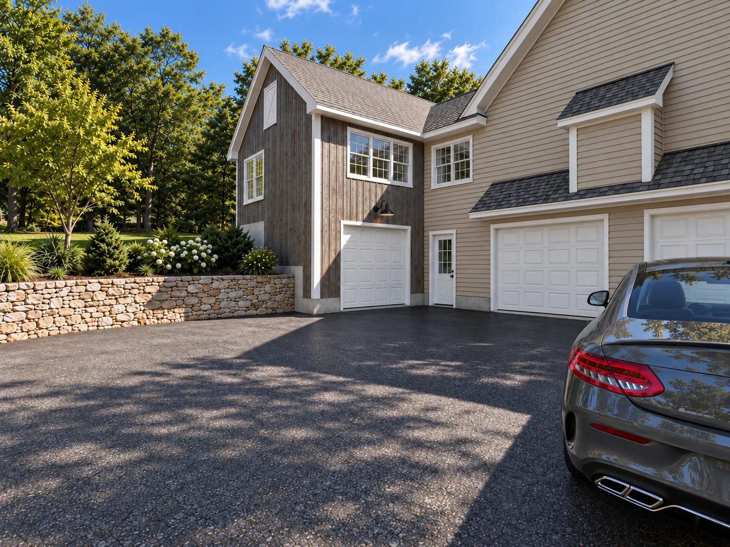 ADU entry and oversized one-car garage in Pelham, NH — board-and-batten addition beside the main house garage