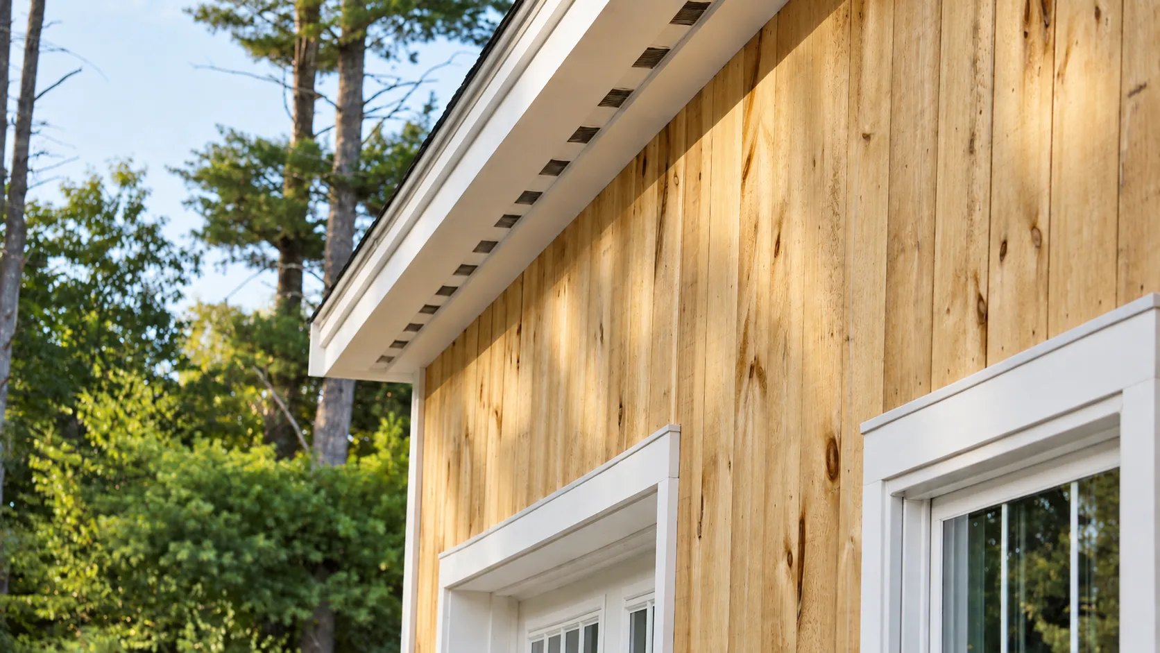 Eave and soffit detail with white trim over natural wood siding on a detached garage in Pelham, NH