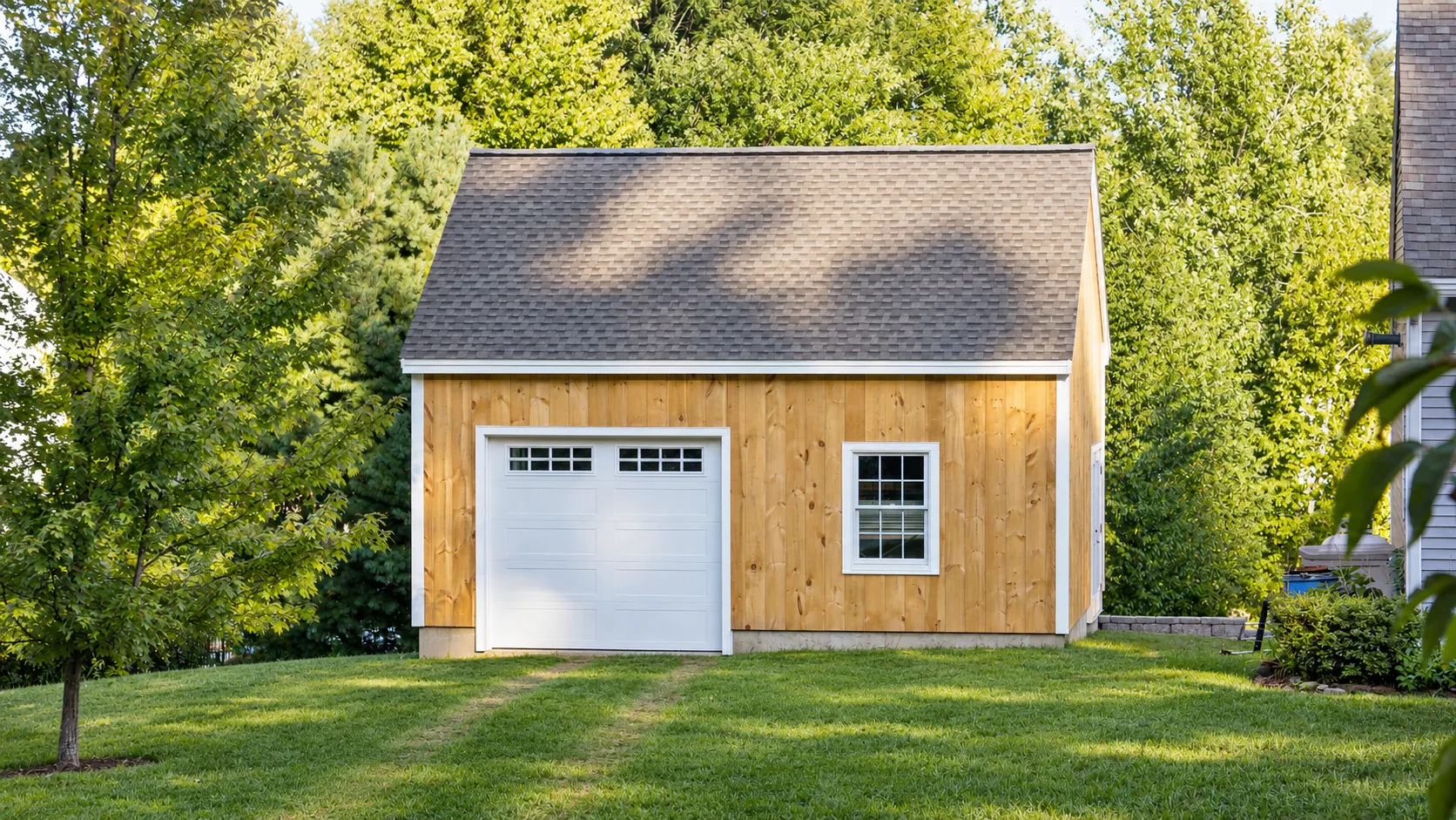 Detached garage and workshop in Pelham, NH with natural wood siding, white trim and a single garage bay, built by Oak Hill Design & Build