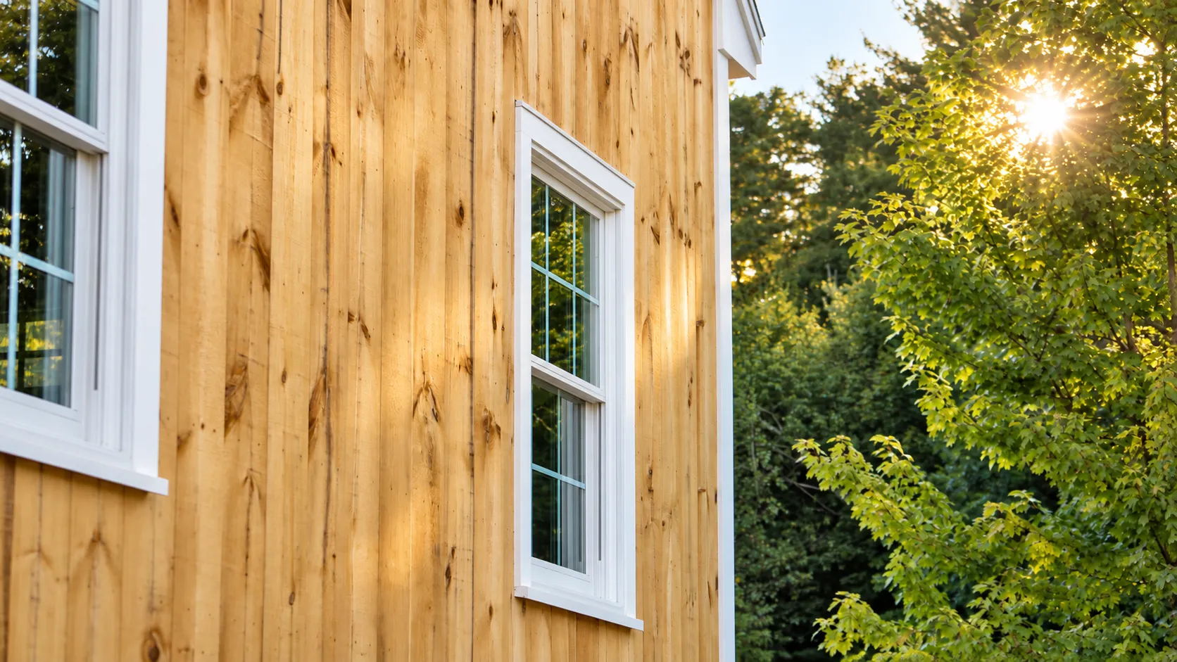 Workshop window and natural wood siding on a Pelham, NH detached garage with evening sun through the trees