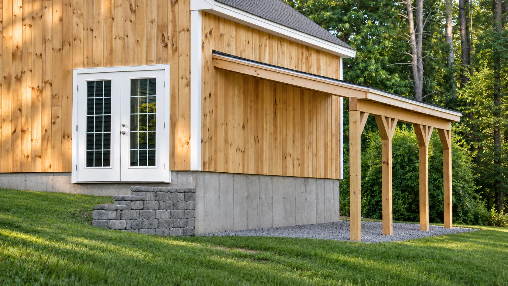 Pelham, NH detached garage with French doors to the workshop and a covered timber lean-to along the side