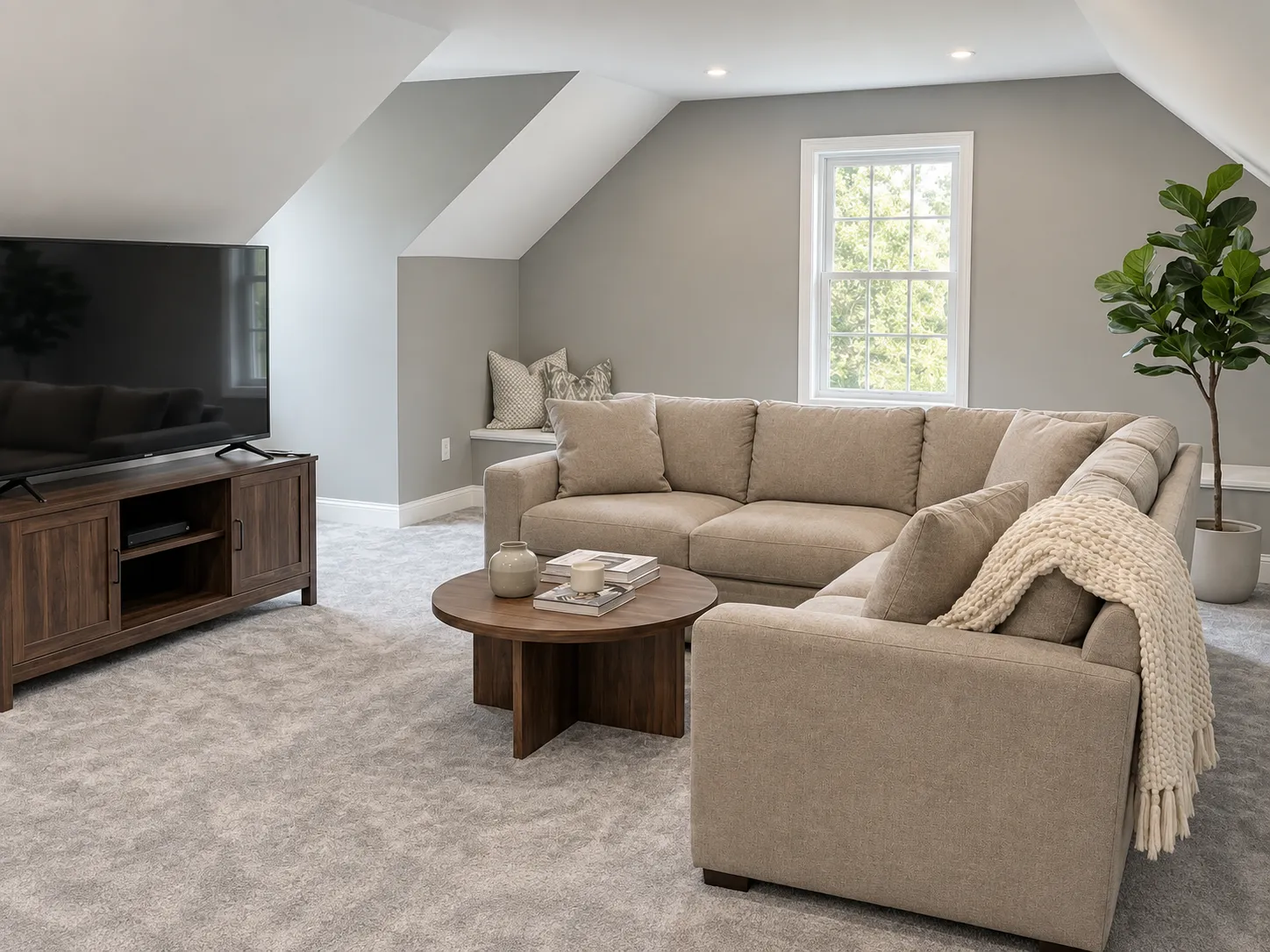 Amherst, NH attic conversion: sectional sofa, TV console and window bench under the sloped ceilings