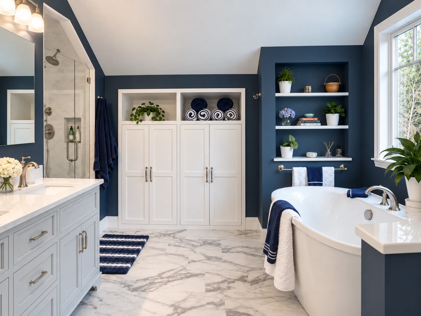Bedford, NH bathroom remodel with a freestanding tub, built-in eave cabinetry, recessed shelving and a marble-look tile floor