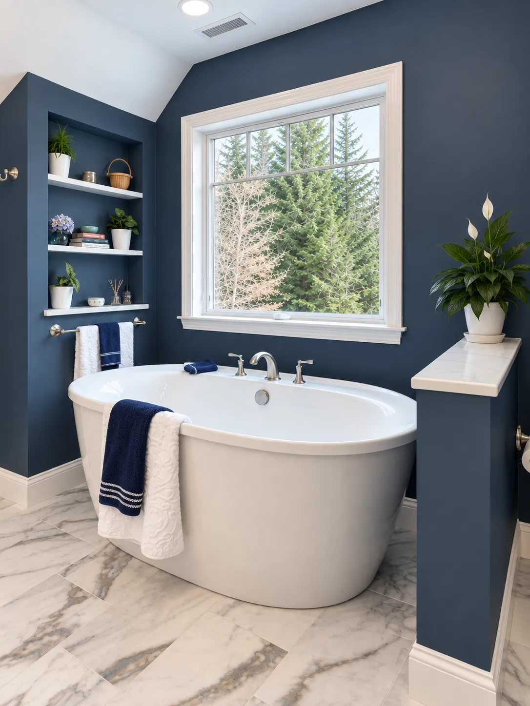 Freestanding tub under a new picture window in a Bedford, NH primary bathroom, with recessed shelves and navy walls
