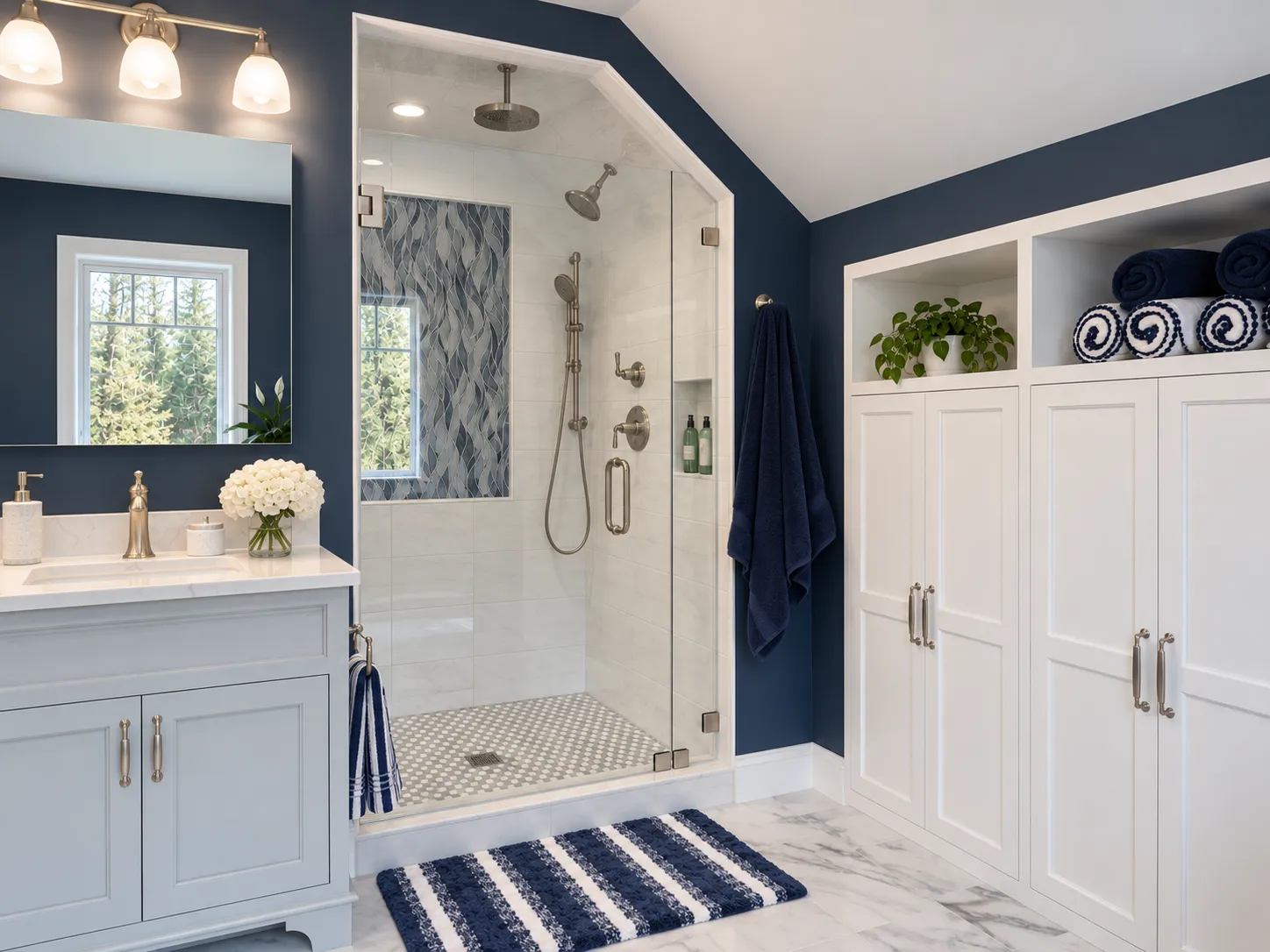 Primary bathroom remodel in Bedford, NH with a walk-in shower behind frameless glass, navy walls, a gray vanity and white built-in cabinetry along the eave wall, by Oak Hill Design & Build