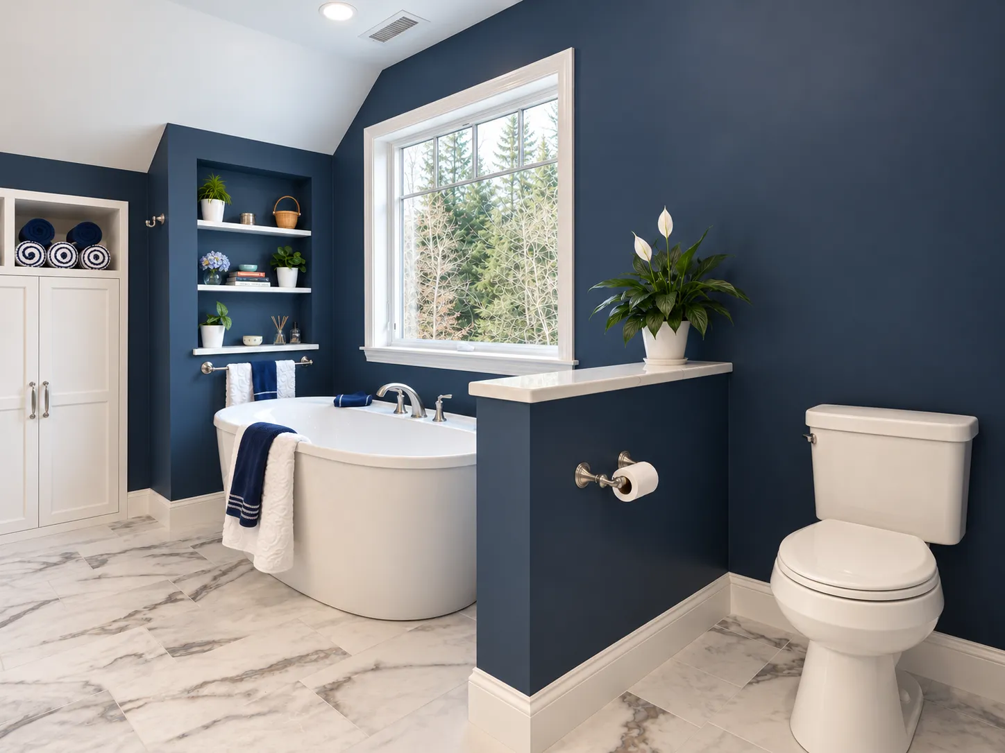 Bedford, NH primary bath with a freestanding tub, half wall, picture window and built-in cabinetry that opens to the attic eave