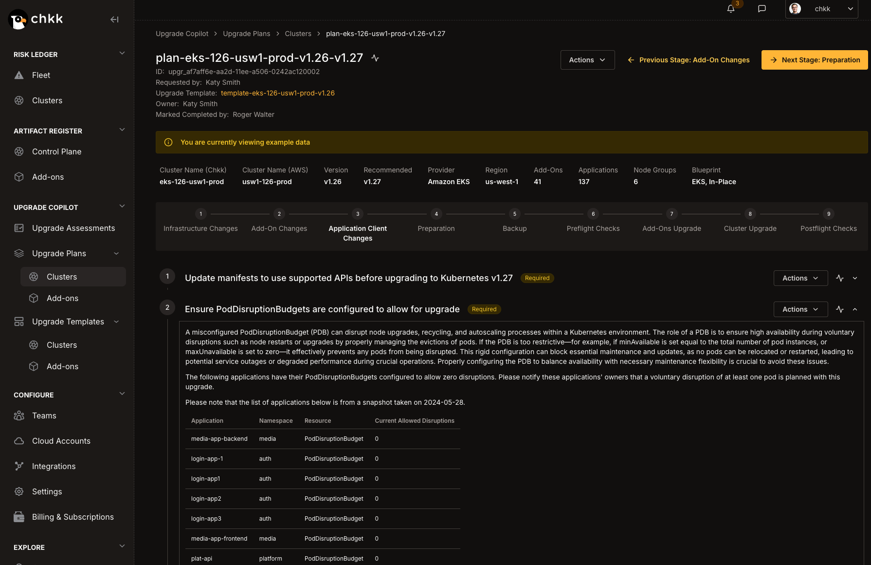 Focused view of Chkk's Upgrade Copilot, focused on the Add-On Changes step of Pre-work.