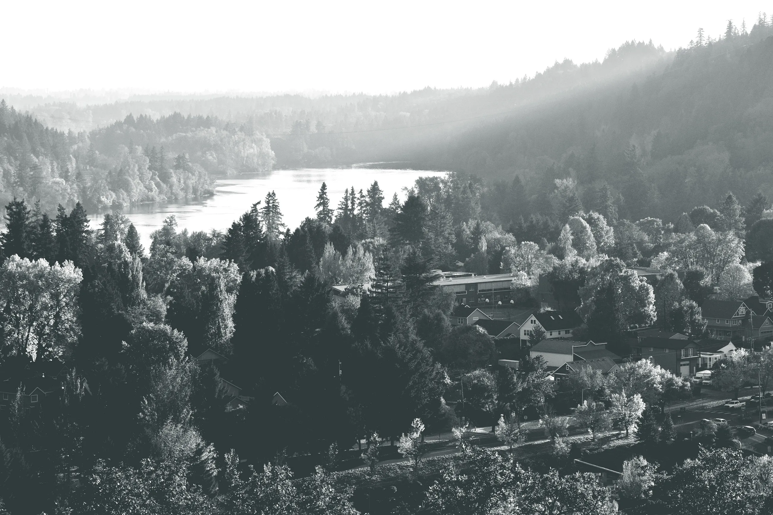 Black & white aerial photo of West Linn and the Willamette River
