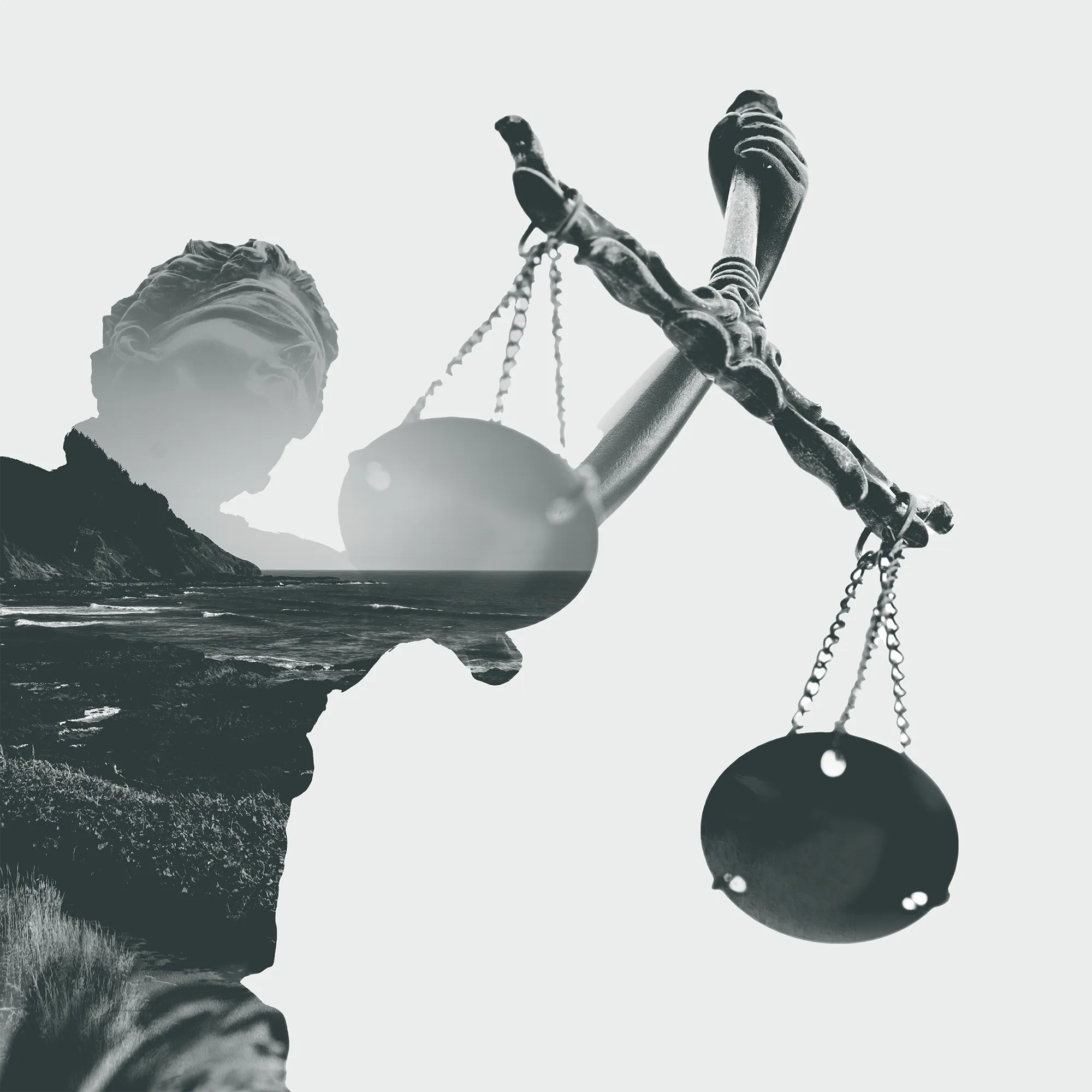 Scales of justice double exposure with ocean landscape
