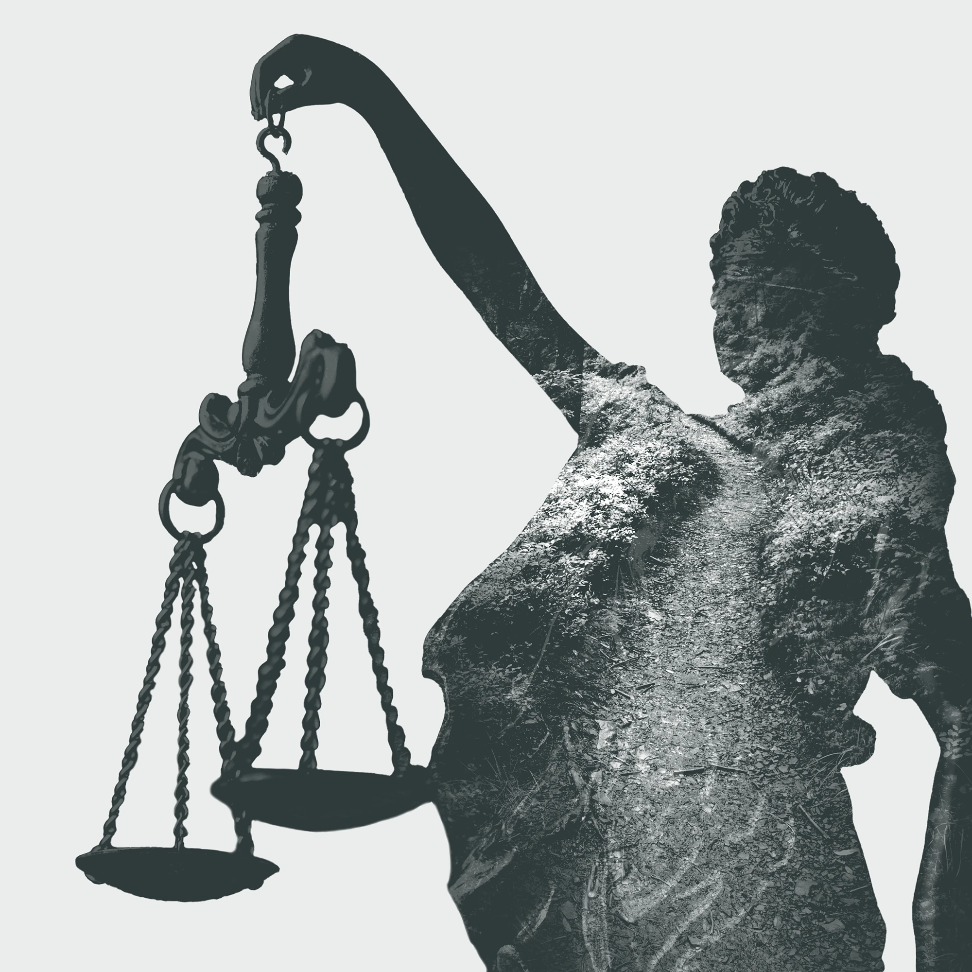 Lady Justice statue double exposure with forest path