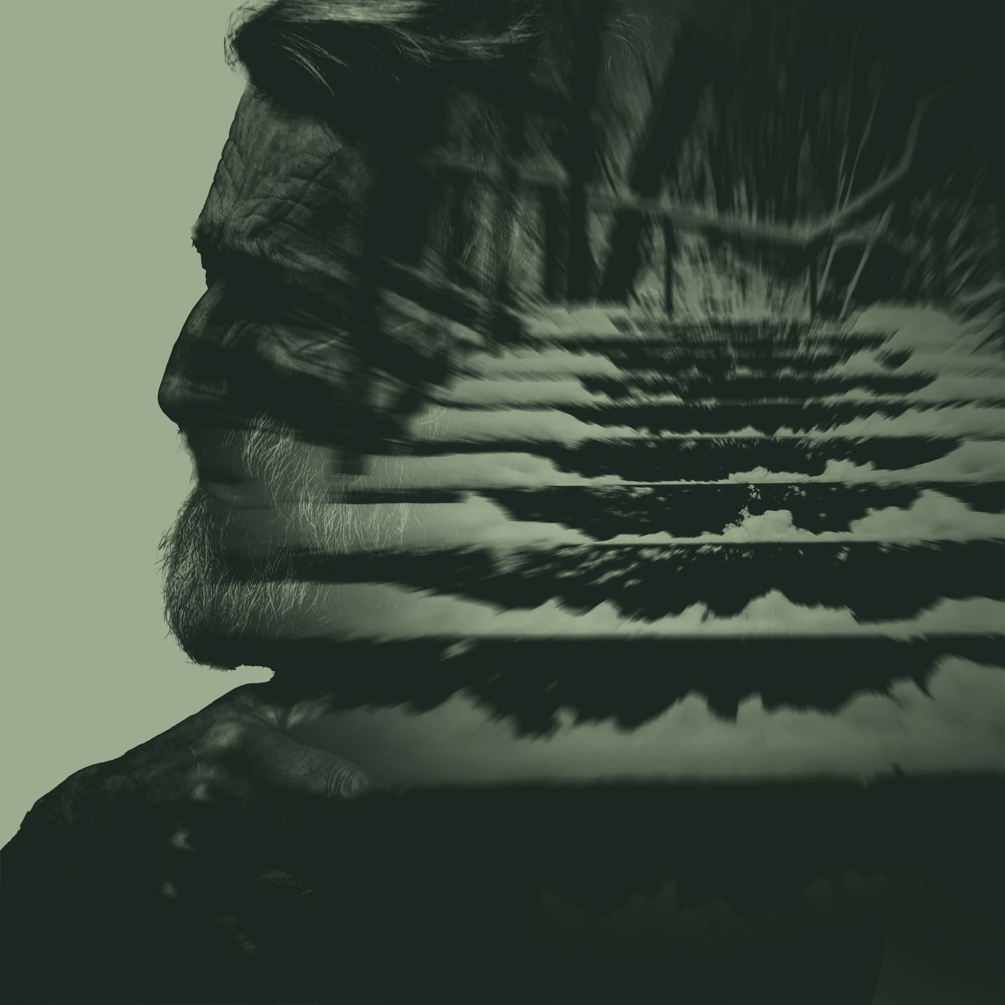 Elderly man silhouette double exposure with snow covered stairs