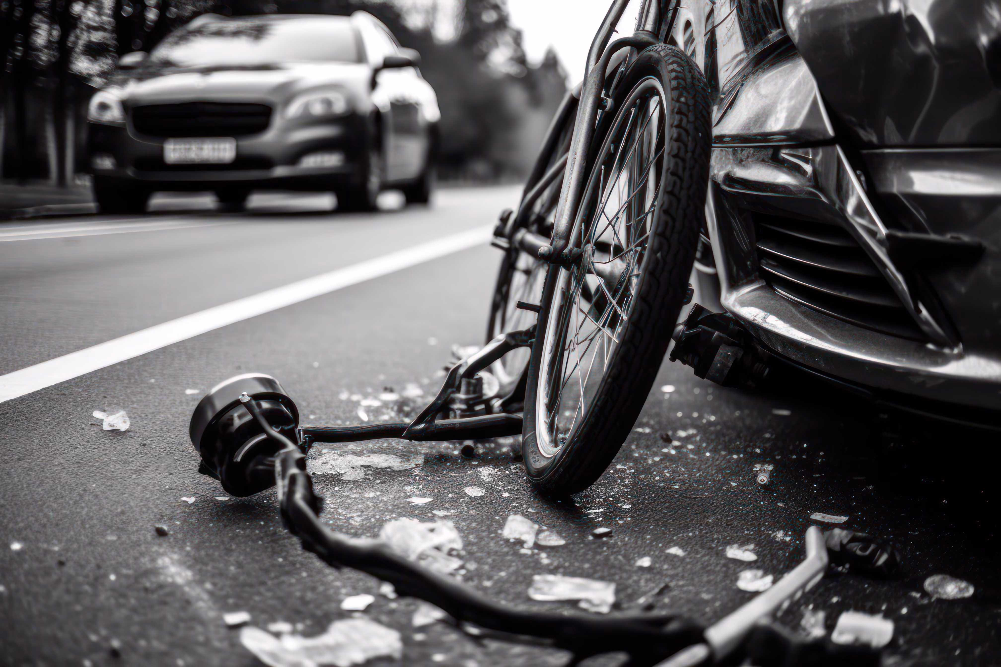 A black-and-white photo of a damaged bike and car after an accident