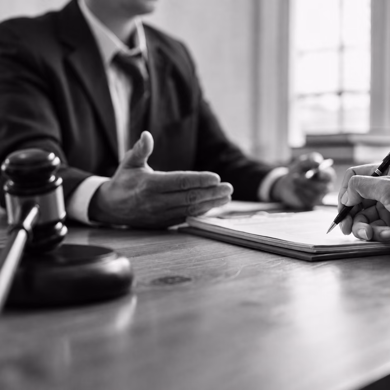 A black-and-white photo of a personal injury victim talking to a lawyer as they take notes