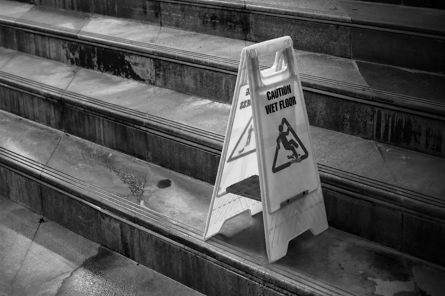 A black-and-white photo of a caution sign on wet concrete stairs