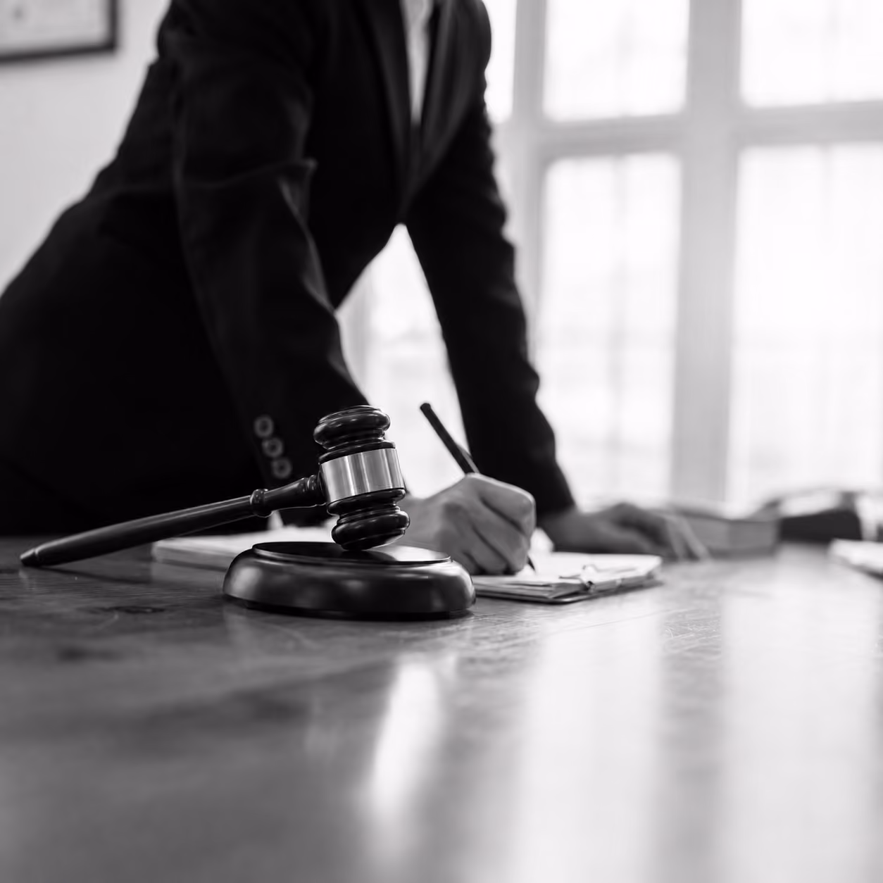 A black-and-white photo of a lawyer taking notes next to a judge's gavel