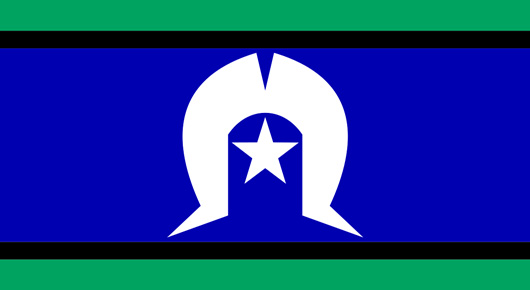 Flag with green top and bottom borders, black stripes, a blue center, a white stylized symbol resembling a helmet with a star inside in the middle.