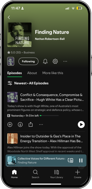 Podcast app screen showing 'Finding Nature' by Nathan Robertson-Ball with episode list and playback controls on an iPhone.