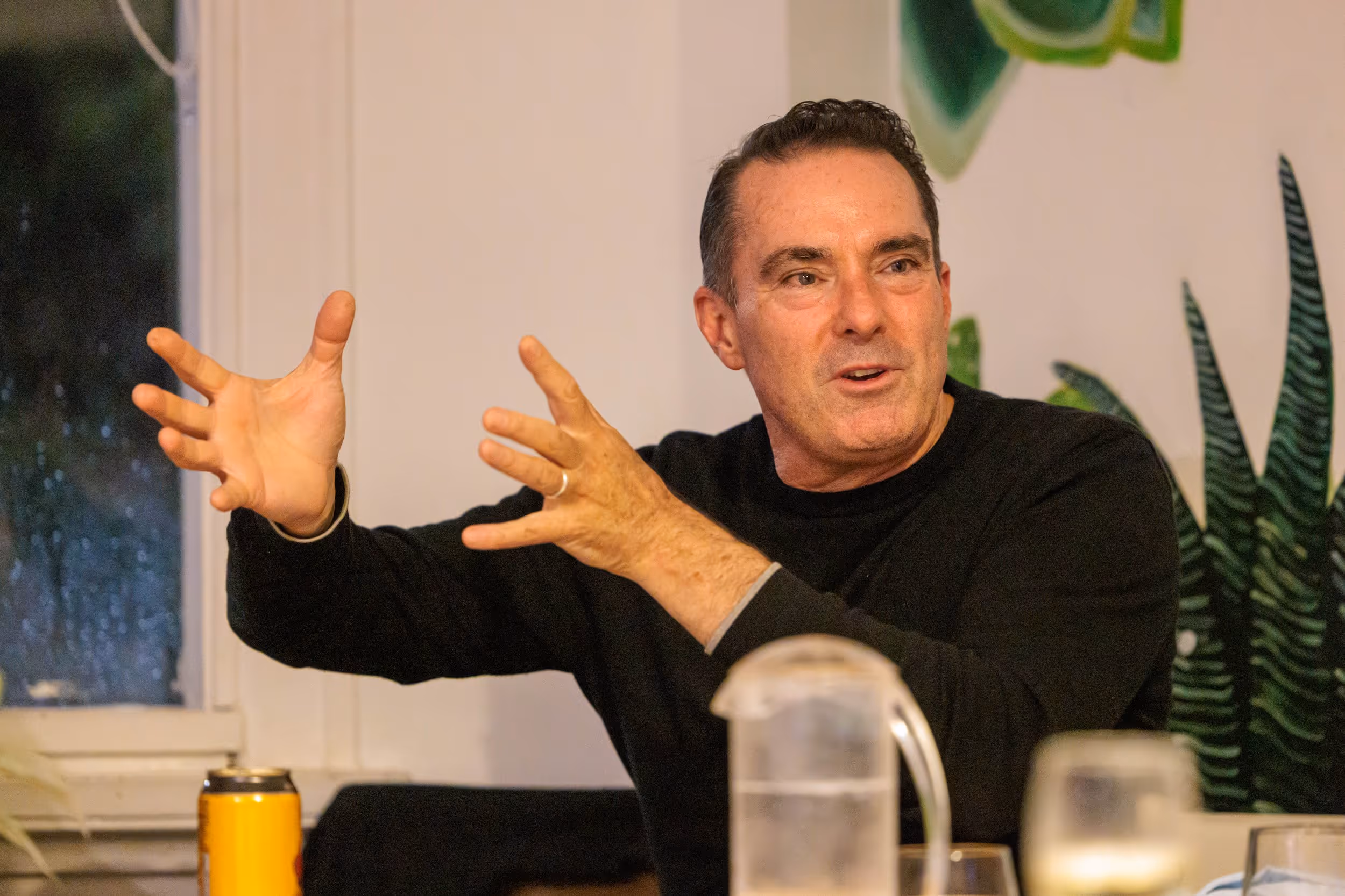 Man in black sweater gesturing with both hands while speaking indoors near a window and houseplants.